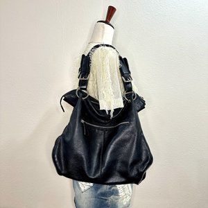 La Saunda Large Black Leather Vintage Tote Bag